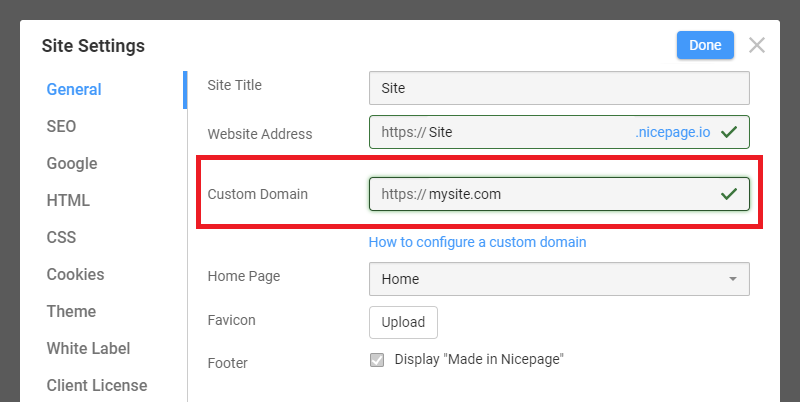 Site Settings - Nicepage Documentation